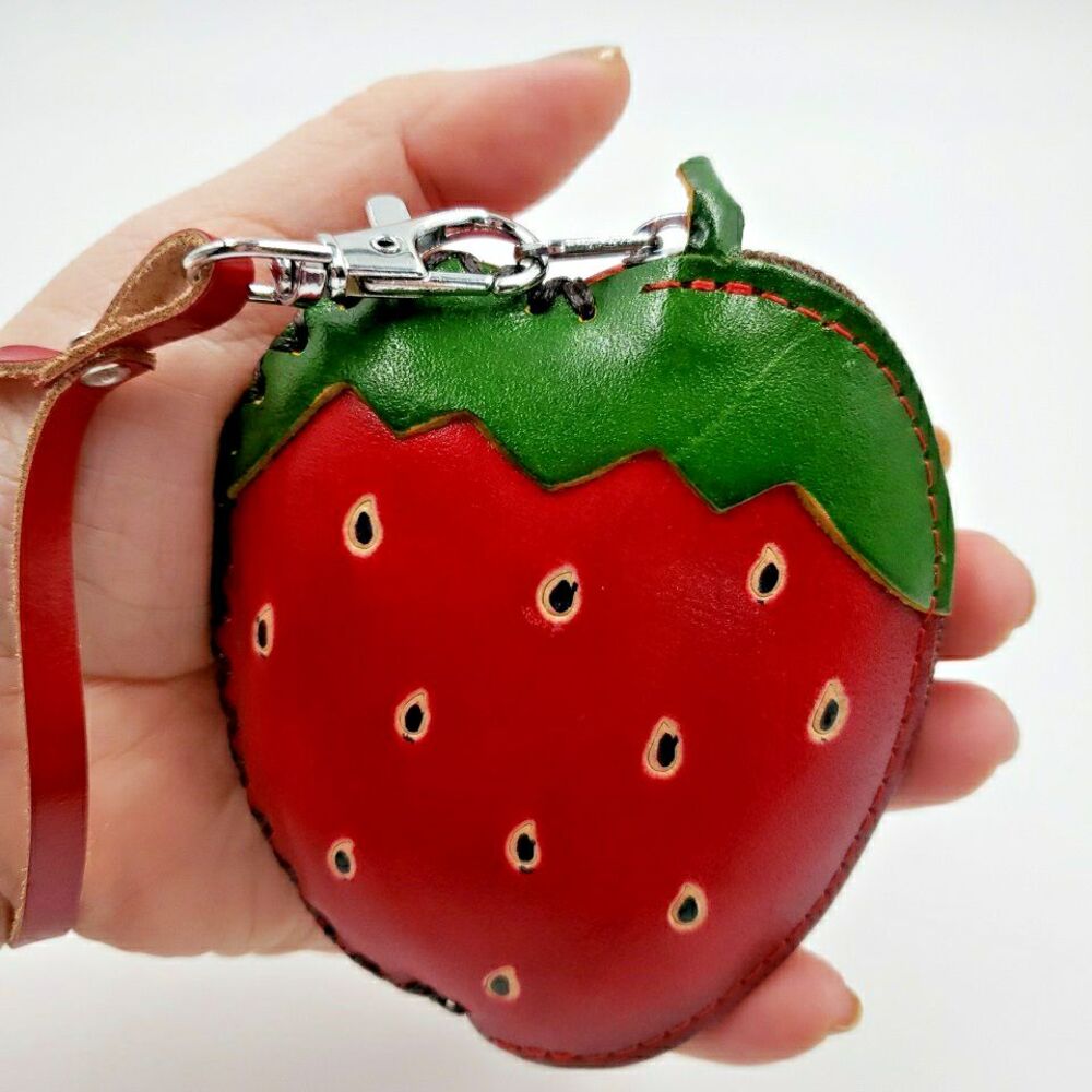 STRAWBERRY Accessory Coin Purse Zip Wristlet Handmade Leather Gift Cash Holder